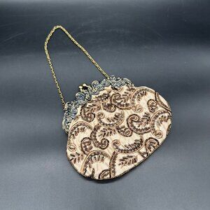 Beaded Clutch Purse Embroidered Chain Strap Ornate Metal Frame Retro Tan Brown